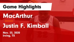 MacArthur  vs Justin F. Kimball  Game Highlights - Nov. 23, 2020