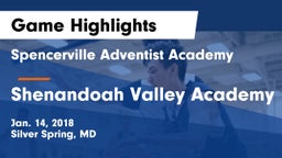 Spencerville Adventist Academy  vs Shenandoah Valley Academy Game Highlights - Jan. 14, 2018