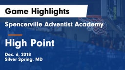 Spencerville Adventist Academy  vs High Point  Game Highlights - Dec. 6, 2018
