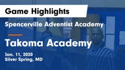 Spencerville Adventist Academy  vs Takoma Academy Game Highlights - Jan. 11, 2020