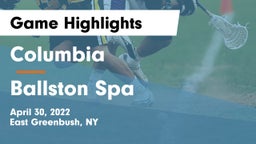 Columbia  vs Ballston Spa  Game Highlights - April 30, 2022