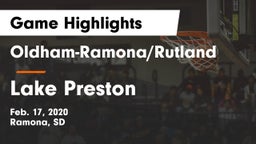 Oldham-Ramona/Rutland  vs Lake Preston Game Highlights - Feb. 17, 2020