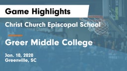 Christ Church Episcopal School vs Greer Middle College  Game Highlights - Jan. 10, 2020