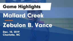 Mallard Creek  vs Zebulon B. Vance  Game Highlights - Dec. 10, 2019