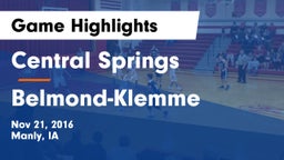 Central Springs  vs Belmond-Klemme Game Highlights - Nov 21, 2016