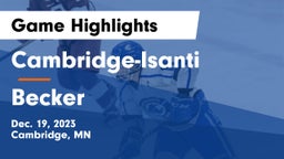 Cambridge-Isanti  vs Becker  Game Highlights - Dec. 19, 2023