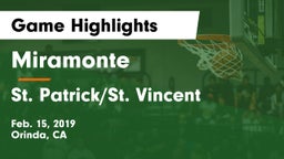 Miramonte  vs St. Patrick/St. Vincent  Game Highlights - Feb. 15, 2019