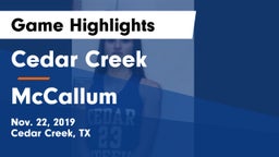 Cedar Creek  vs McCallum  Game Highlights - Nov. 22, 2019