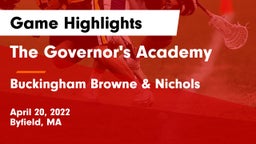 The Governor's Academy  vs Buckingham Browne & Nichols  Game Highlights - April 20, 2022
