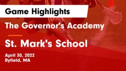 The Governor's Academy  vs St. Mark's School Game Highlights - April 30, 2022
