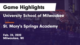 University School of Milwaukee vs St. Mary's Springs Academy  Game Highlights - Feb. 24, 2020