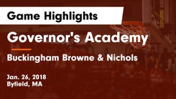 Governor's Academy  vs Buckingham Browne & Nichols  Game Highlights - Jan. 26, 2018