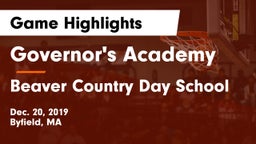 Governor's Academy  vs Beaver Country Day School Game Highlights - Dec. 20, 2019