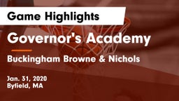 Governor's Academy  vs Buckingham Browne & Nichols  Game Highlights - Jan. 31, 2020