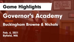 Governor's Academy  vs Buckingham Browne & Nichols  Game Highlights - Feb. 6, 2021