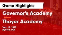 Governor's Academy  vs Thayer Academy  Game Highlights - Jan. 18, 2020