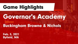 Governor's Academy  vs Buckingham Browne & Nichols  Game Highlights - Feb. 5, 2021