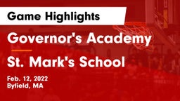 Governor's Academy  vs St. Mark's School Game Highlights - Feb. 12, 2022