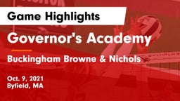 Governor's Academy  vs Buckingham Browne & Nichols  Game Highlights - Oct. 9, 2021