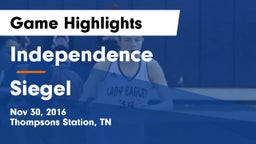 Independence  vs Siegel  Game Highlights - Nov 30, 2016