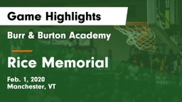 Burr & Burton Academy  vs Rice Memorial  Game Highlights - Feb. 1, 2020