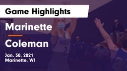 Marinette  vs Coleman  Game Highlights - Jan. 30, 2021