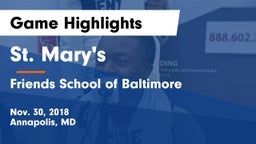 St. Mary's  vs Friends School of Baltimore Game Highlights - Nov. 30, 2018