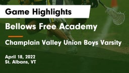 Bellows Free Academy  vs Champlain Valley Union  Boys Varsity Game Highlights - April 18, 2022