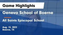 Geneva School of Boerne vs All Saints Episcopal School Game Highlights - Aug. 13, 2022