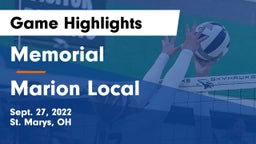 Memorial  vs Marion Local  Game Highlights - Sept. 27, 2022