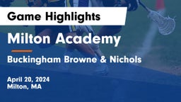 Milton Academy vs Buckingham Browne & Nichols  Game Highlights - April 20, 2024