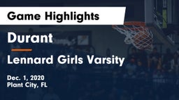 Durant  vs Lennard  Girls Varsity Game Highlights - Dec. 1, 2020