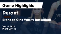 Durant  vs Brandon Girls Varsity Basketball  Game Highlights - Jan. 6, 2021