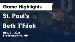 St. Paul's  vs Beth T'Filoh Game Highlights - Nov. 21, 2023