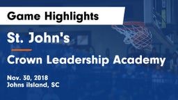 St. John's  vs Crown Leadership Academy Game Highlights - Nov. 30, 2018