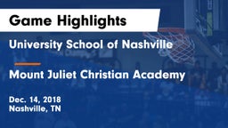 University School of Nashville vs Mount Juliet Christian Academy  Game Highlights - Dec. 14, 2018