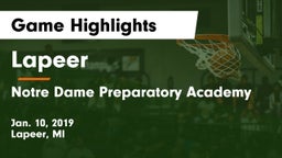Lapeer   vs Notre Dame Preparatory Academy Game Highlights - Jan. 10, 2019