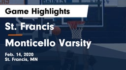 St. Francis  vs Monticello Varsity Game Highlights - Feb. 14, 2020