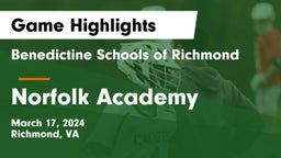 Benedictine Schools of Richmond vs Norfolk Academy Game Highlights - March 17, 2024
