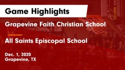 Grapevine Faith Christian School vs All Saints Episcopal School Game Highlights - Dec. 1, 2020