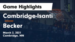 Cambridge-Isanti  vs Becker  Game Highlights - March 2, 2021