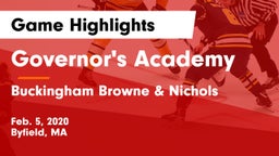 Governor's Academy  vs Buckingham Browne & Nichols  Game Highlights - Feb. 5, 2020