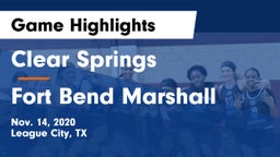 Clear Springs  vs Fort Bend Marshall  Game Highlights - Nov. 14, 2020
