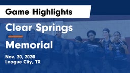 Clear Springs  vs Memorial  Game Highlights - Nov. 20, 2020