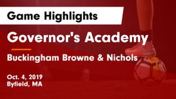 Governor's Academy  vs Buckingham Browne & Nichols  Game Highlights - Oct. 4, 2019