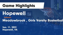Hopewell  vs Meadowbrook , Girls Varsity Basketball, Chesterfield, VA Game Highlights - Jan. 11, 2022