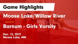 Moose Lake/Willow River  vs Barnum  - Girls Varsity Game Highlights - Dec. 12, 2019