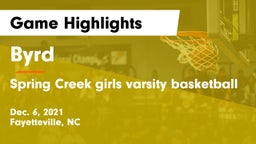 Byrd  vs Spring Creek  girls varsity basketball  Game Highlights - Dec. 6, 2021