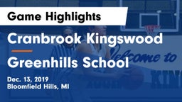 Cranbrook Kingswood  vs Greenhills School Game Highlights - Dec. 13, 2019