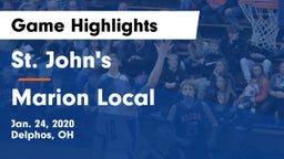 St. John's  vs Marion Local  Game Highlights - Jan. 24, 2020